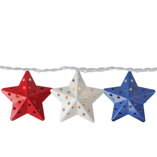 33376864 Red, White and Blue Metal Star 4th of July Patio Christmas Lights - White Wire, Set of 10